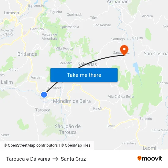 Tarouca e Dálvares to Santa Cruz map