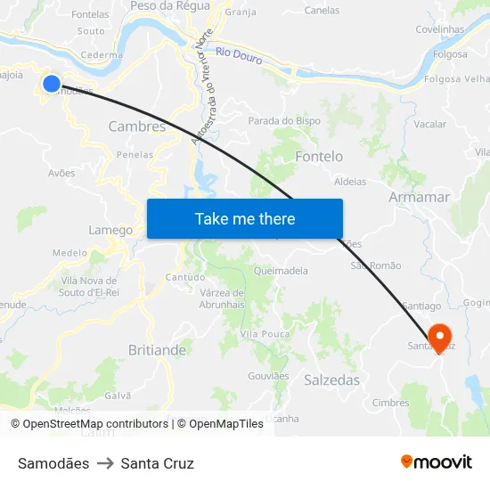 Samodães to Santa Cruz map