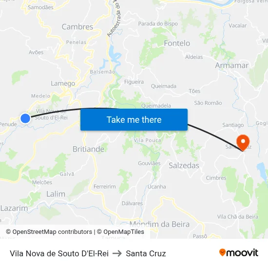 Vila Nova de Souto D'El-Rei to Santa Cruz map