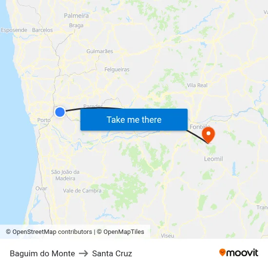 Baguim do Monte to Santa Cruz map