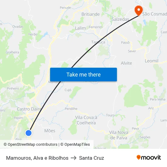 Mamouros, Alva e Ribolhos to Santa Cruz map