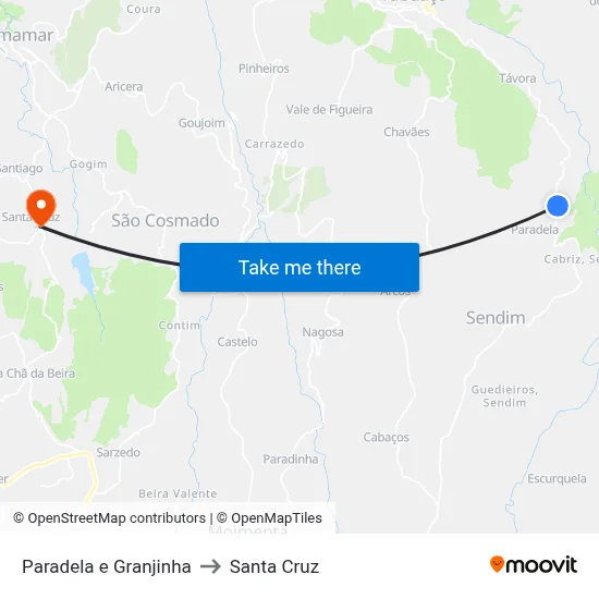 Paradela e Granjinha to Santa Cruz map