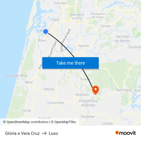 Glória e Vera Cruz to Luso map
