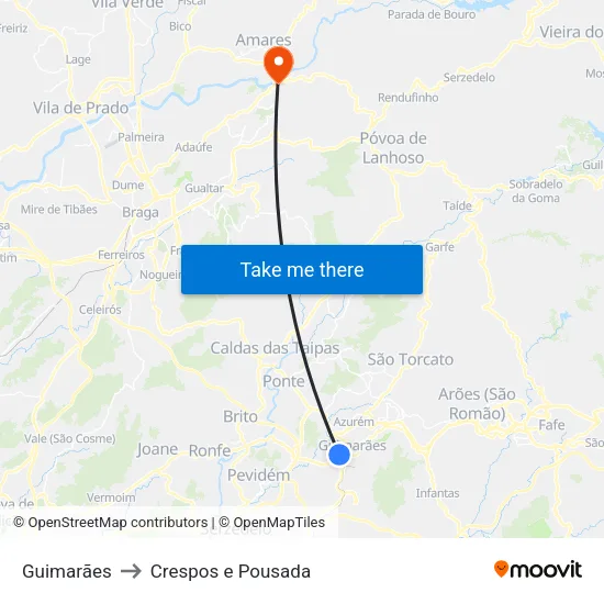 Guimarães to Crespos e Pousada map
