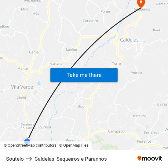 Soutelo to Caldelas, Sequeiros e Paranhos map