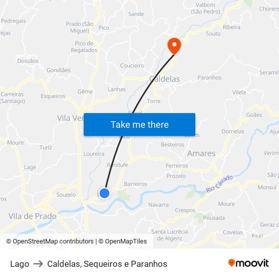 Lago to Caldelas, Sequeiros e Paranhos map