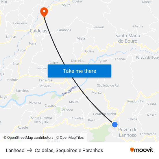 Lanhoso to Caldelas, Sequeiros e Paranhos map