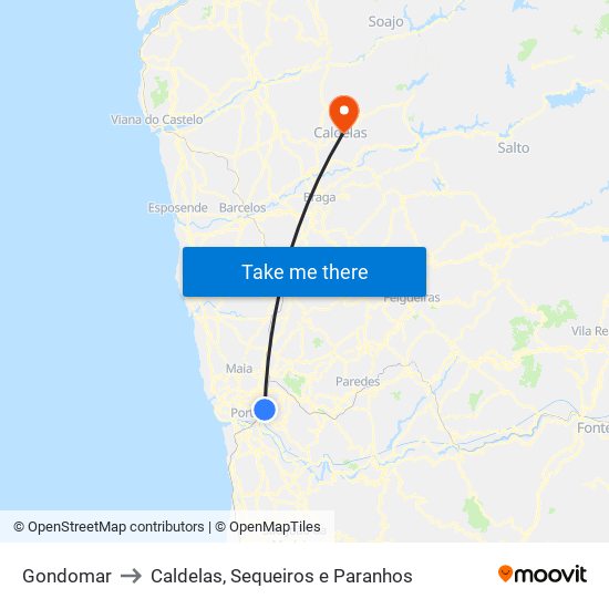 Gondomar to Caldelas, Sequeiros e Paranhos map