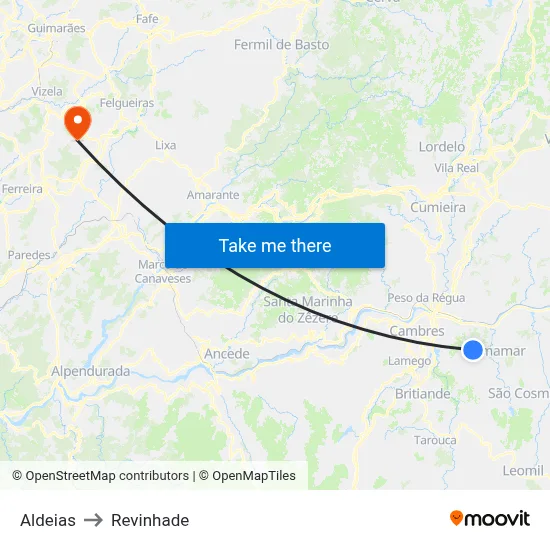 Aldeias to Revinhade map