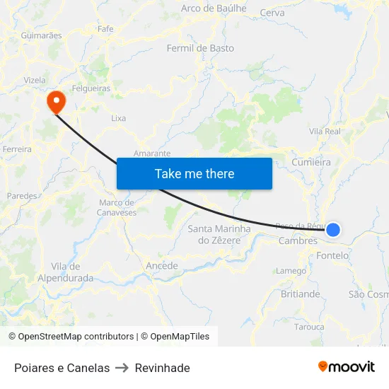 Poiares e Canelas to Revinhade map