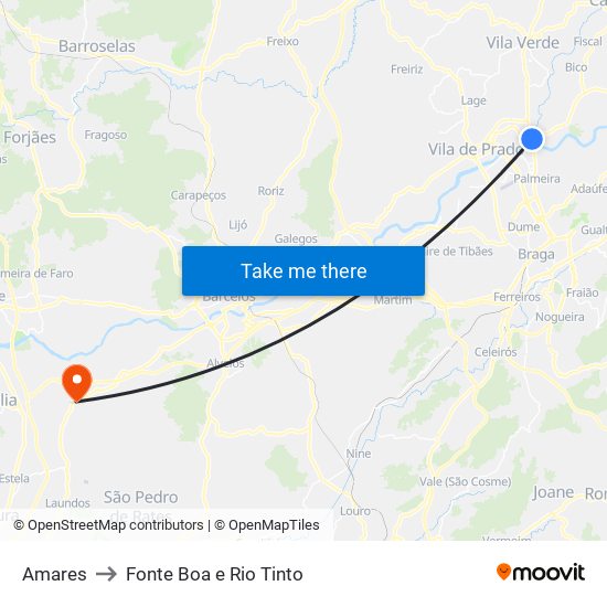 Amares to Fonte Boa e Rio Tinto map
