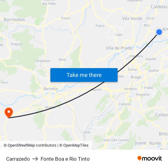 Carrazedo to Fonte Boa e Rio Tinto map