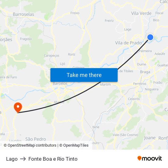 Lago to Fonte Boa e Rio Tinto map
