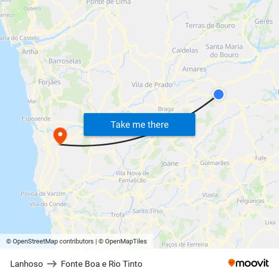 Lanhoso to Fonte Boa e Rio Tinto map