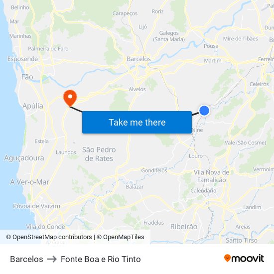 Barcelos to Fonte Boa e Rio Tinto map