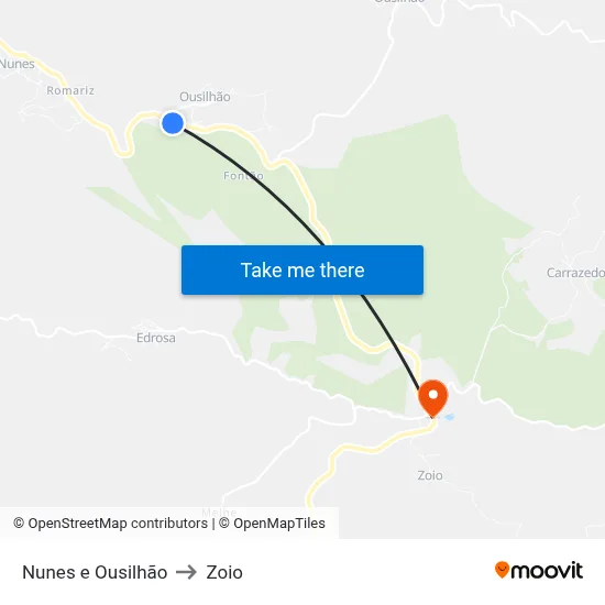 Nunes e Ousilhão to Zoio map
