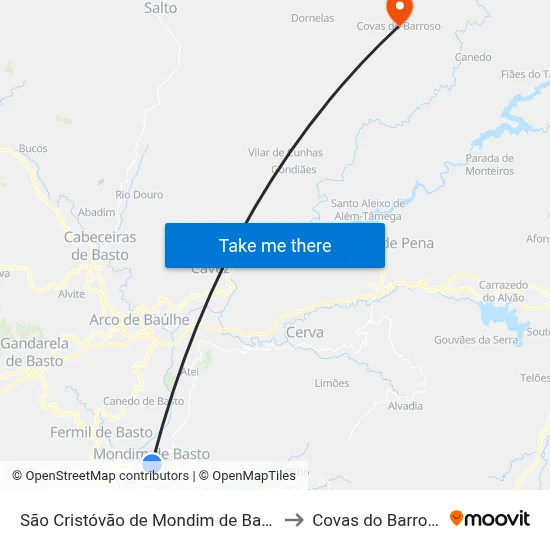 São Cristóvão de Mondim de Basto to Covas do Barroso map