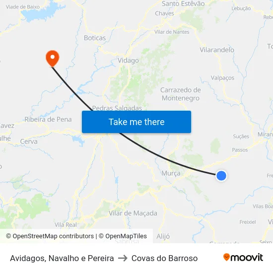 Avidagos, Navalho e Pereira to Covas do Barroso map