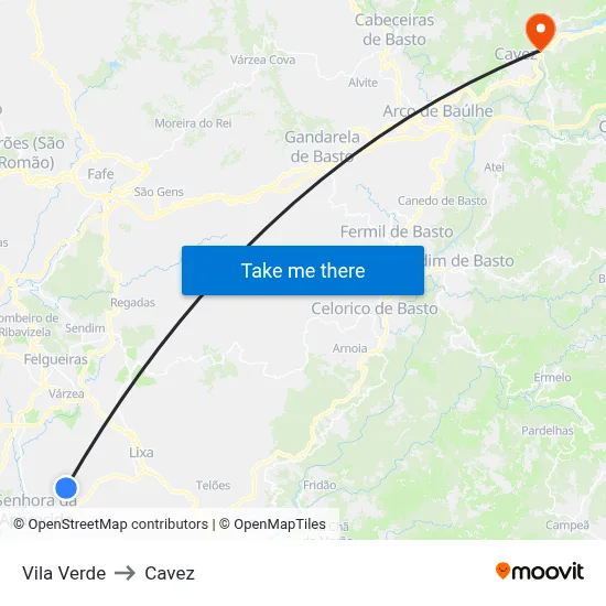 Vila Verde to Cavez map