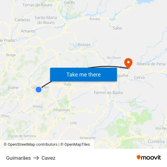 Guimarães to Cavez map
