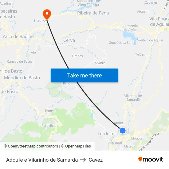 Adoufe e Vilarinho de Samardã to Cavez map