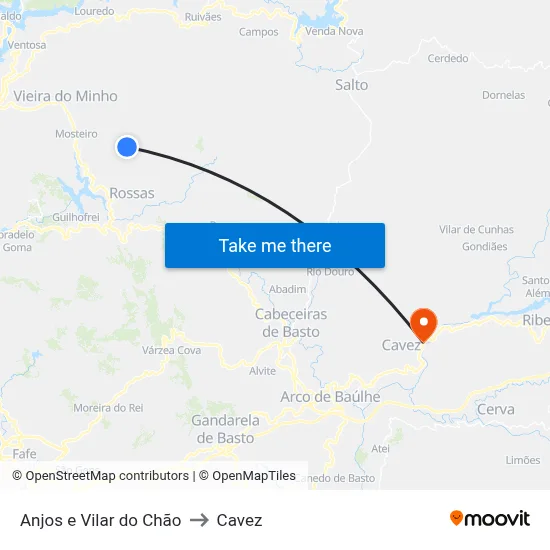 Anjos e Vilar do Chão to Cavez map