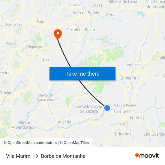 Vila Marim to Borba de Montanha map