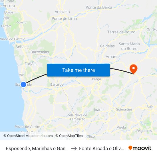 Esposende, Marinhas e Gandra to Fonte Arcada e Oliveira map