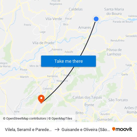 Vilela, Seramil e Paredes Secas to Guisande e Oliveira (São Pedro) map