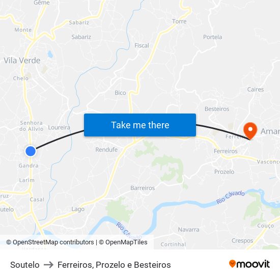 Soutelo to Ferreiros, Prozelo e Besteiros map