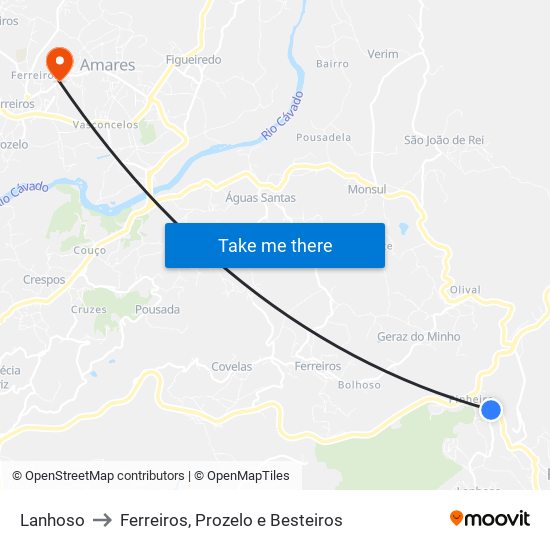 Lanhoso to Ferreiros, Prozelo e Besteiros map