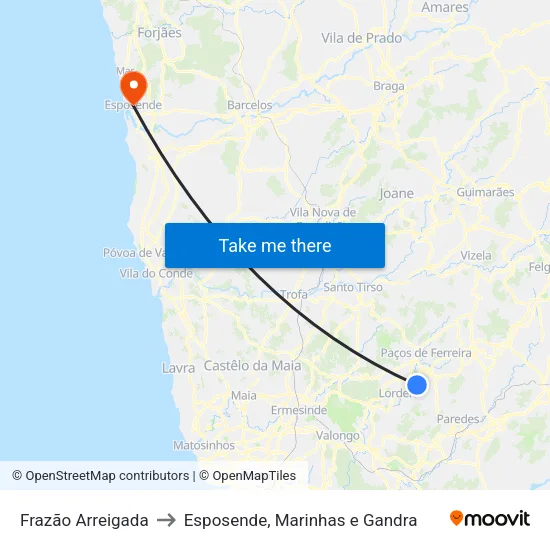 Frazão Arreigada to Esposende, Marinhas e Gandra map