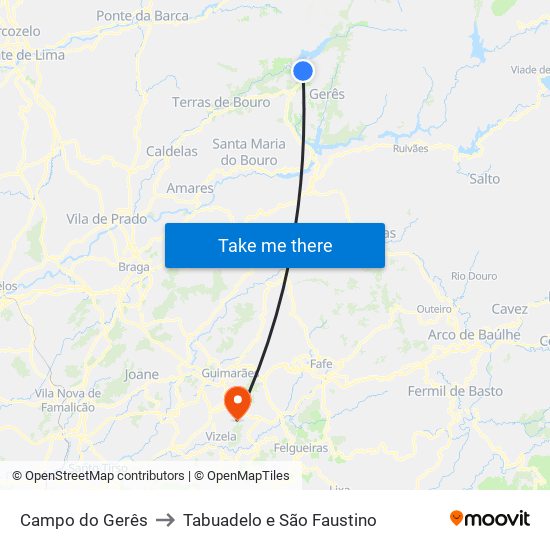 Campo do Gerês to Tabuadelo e São Faustino map