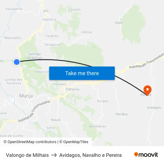 Valongo de Milhais to Avidagos, Navalho e Pereira map