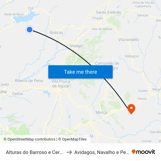 Alturas do Barroso e Cerdedo to Avidagos, Navalho e Pereira map