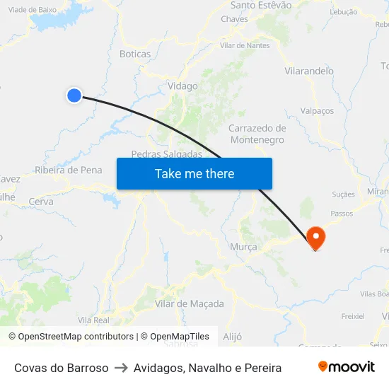 Covas do Barroso to Avidagos, Navalho e Pereira map