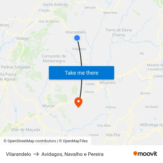 Vilarandelo to Avidagos, Navalho e Pereira map