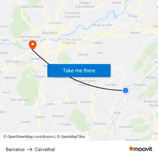 Barcelos to Carvalhal map