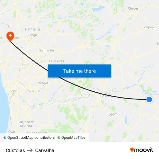 Custoias to Carvalhal map