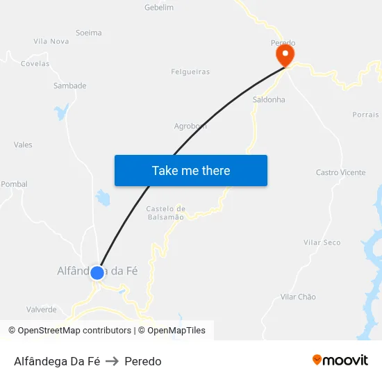 Alfândega Da Fé to Peredo map