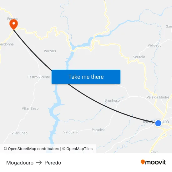Mogadouro to Peredo map