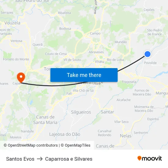 Santos Evos to Caparrosa e Silvares map