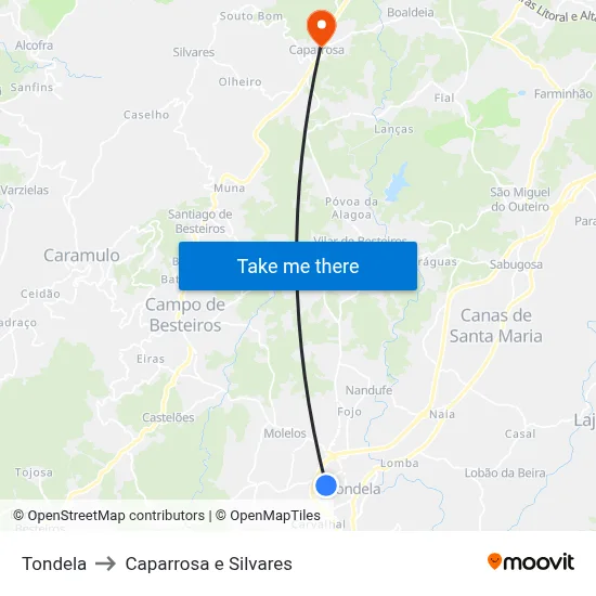 Tondela to Caparrosa e Silvares map