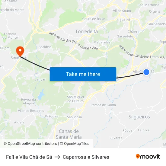 Faíl e Vila Chã de Sá to Caparrosa e Silvares map