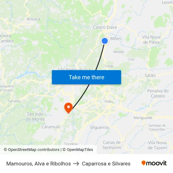 Mamouros, Alva e Ribolhos to Caparrosa e Silvares map