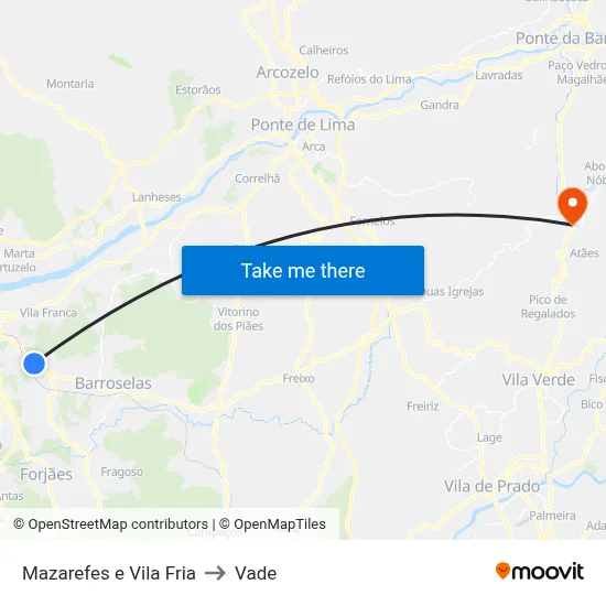 Mazarefes e Vila Fria to Vade map