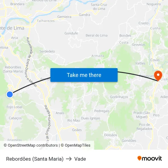 Rebordões (Santa Maria) to Vade map