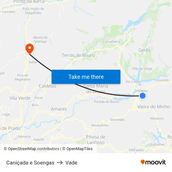 Caniçada e Soengas to Vade map
