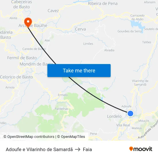 Adoufe e Vilarinho de Samardã to Faia map