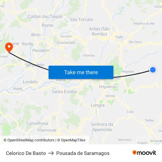 Celorico De Basto to Pousada de Saramagos map